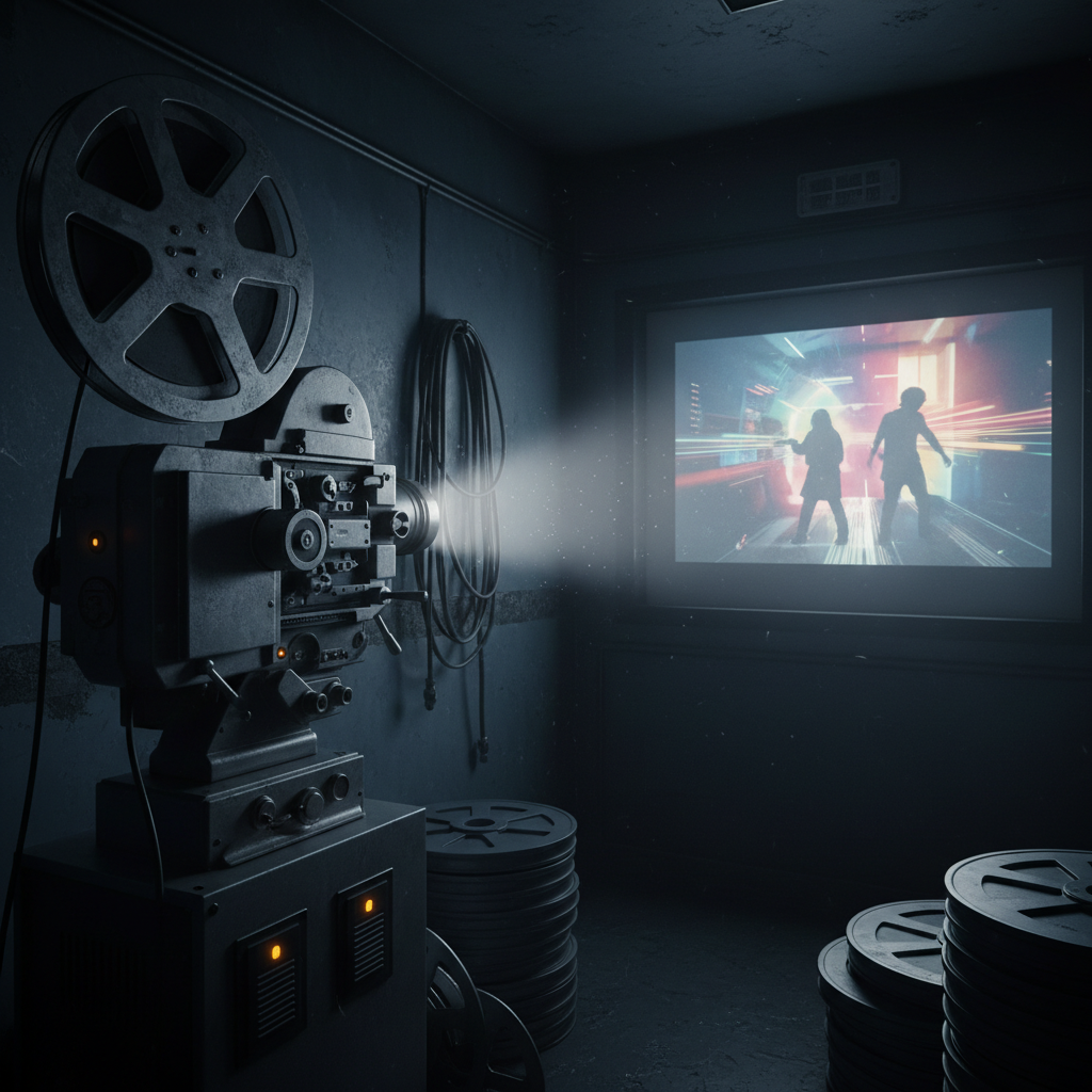 Un proyector de cine analógico de 35 mm, robusto y metálico, con palancas y ruedas dentadas muy definidas, apunta hacia una pantalla blanca ligeramente texturizada donde se ve un fotograma congelado de una película de rock ficticia, con siluetas abstractas en movimiento. La máquina se encuentra en una cabina elevada de cine arte, rodeada de latas de película apiladas, cables gruesos y paredes pintadas en tonos oscuros. La única luz proviene del haz brillante del proyector y de pequeños indicadores ámbar en el panel frontal, creando fuertes contrastes y una atmósfera cinematográfica y rebelde. Toma fotográfica en perspectiva lateral, con composición en regla de tercios y profundidad marcada por partículas de polvo iluminadas en el cono de luz.