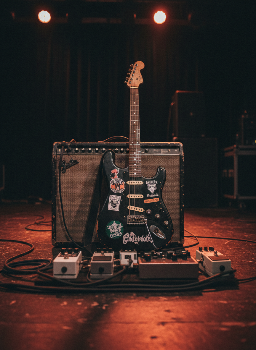 Una guitarra eléctrica desgastada, de cuerpo negro mate con adhesivos de festivales independientes, apoyada contra un viejo amplificador de válvulas con tela de rejilla beige y esquinas abolladas. Está situada en el centro de un pequeño escenario de club alternativo, con cables enredados y pedales de efectos metálicos a sus pies. Luz de focos cálidos y rojizos cae desde arriba, creando reflejos intensos en el metal y sombras duras sobre el suelo de madera oscura. El fondo permanece en bokeh, insinuando cortinas negras y equipo de sonido. Fotografía en estilo realista, a nivel del instrumento, con profundidad de campo baja y una atmósfera cruda, intensa y auténtica, perfecta para portada de medio nacional de rock independiente.